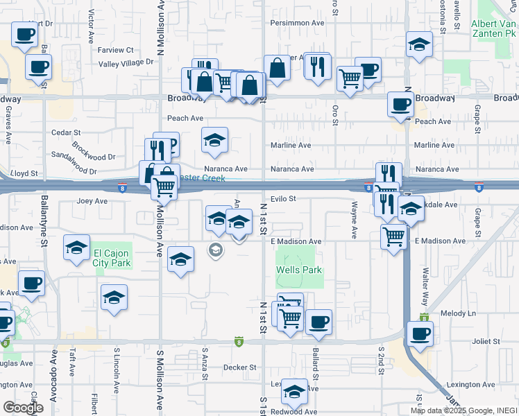 map of restaurants, bars, coffee shops, grocery stores, and more near 568 North 1st Street in El Cajon