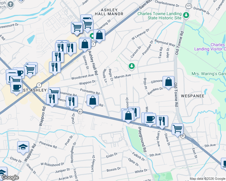 map of restaurants, bars, coffee shops, grocery stores, and more near 3 Regis Court in Charleston