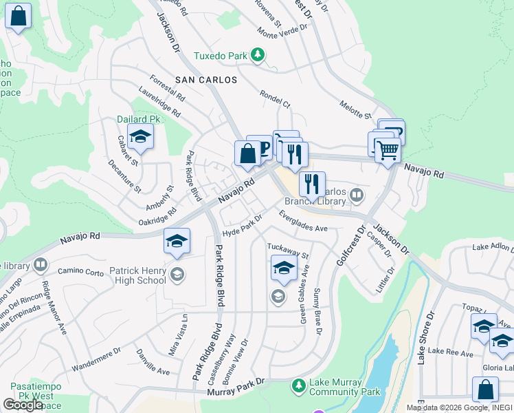 map of restaurants, bars, coffee shops, grocery stores, and more near 6924 Hyde Park Drive in San Diego
