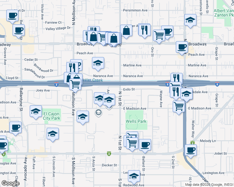 map of restaurants, bars, coffee shops, grocery stores, and more near 568 North 1st Street in El Cajon