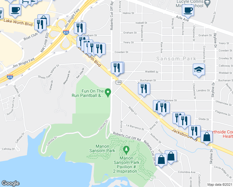 map of restaurants, bars, coffee shops, grocery stores, and more near 5920 Ridge Lane in Fort Worth