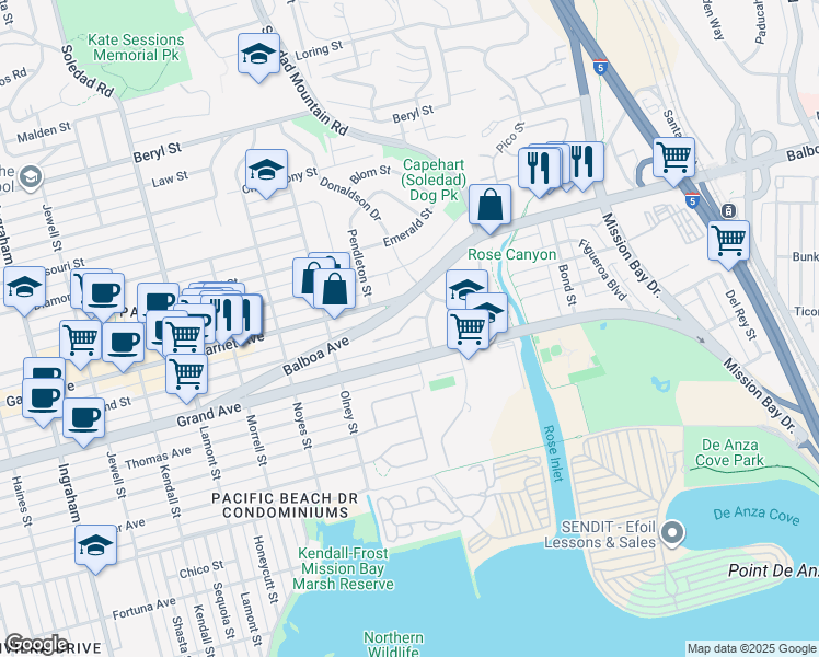 map of restaurants, bars, coffee shops, grocery stores, and more near 2373 Culver Way in San Diego