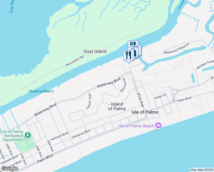 map of restaurants, bars, coffee shops, grocery stores, and more near 3614 Waterway Boulevard in Isle of Palms