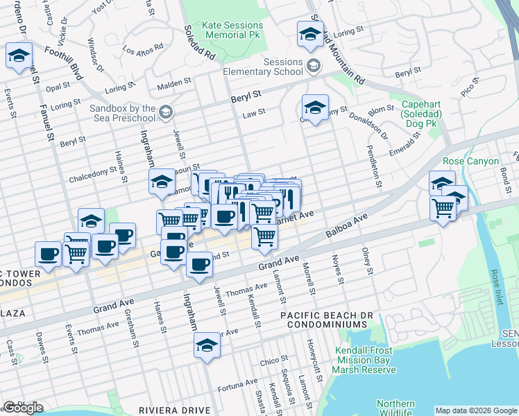 map of restaurants, bars, coffee shops, grocery stores, and more near Lamont St & Felspar St in San Diego