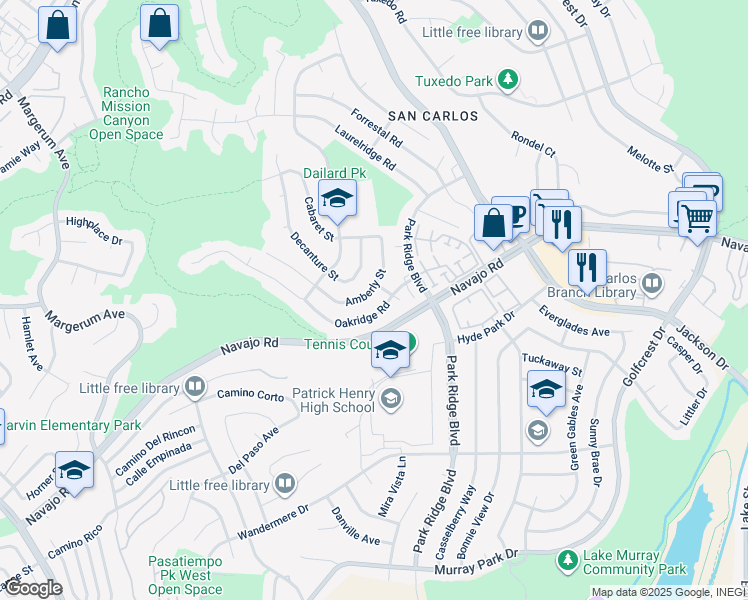 map of restaurants, bars, coffee shops, grocery stores, and more near 6645 Amberly Street in San Diego