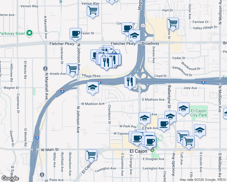 map of restaurants, bars, coffee shops, grocery stores, and more near 356 Compton Street in El Cajon