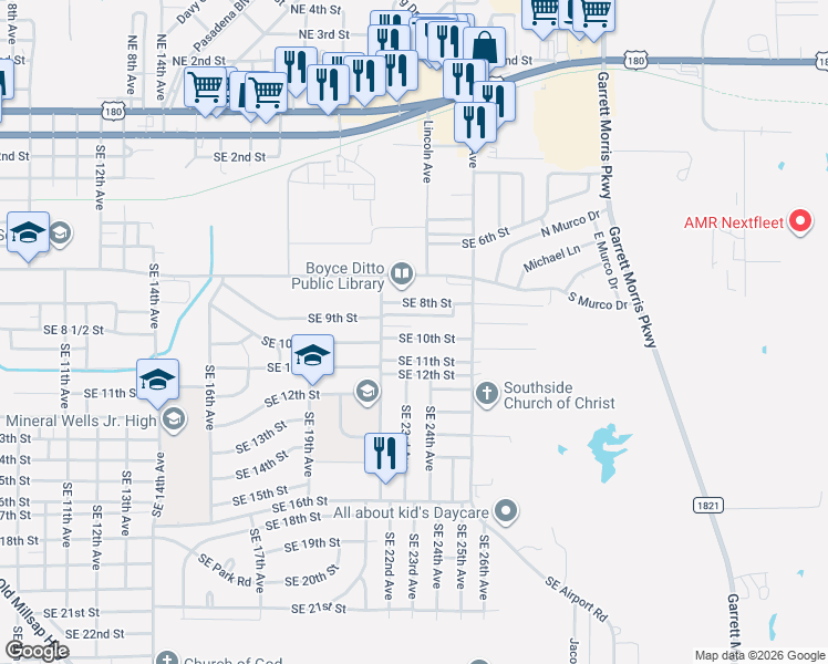map of restaurants, bars, coffee shops, grocery stores, and more near 2405 Southeast 10th Street in Mineral Wells