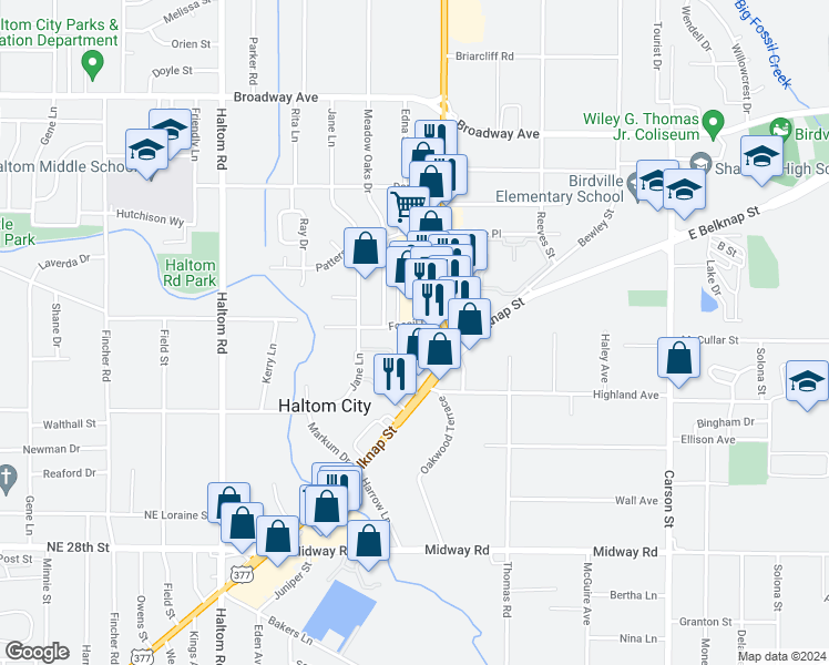 map of restaurants, bars, coffee shops, grocery stores, and more near 5424 Fossil Drive in Fort Worth