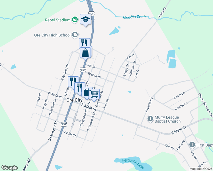 map of restaurants, bars, coffee shops, grocery stores, and more near 400 Dogwood Street in Ore City