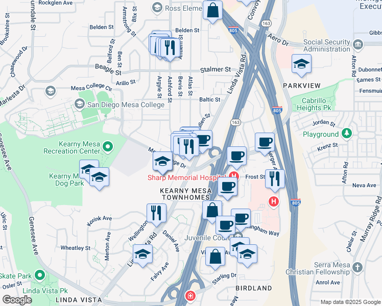 map of restaurants, bars, coffee shops, grocery stores, and more near 7612 Linda Vista Road in San Diego