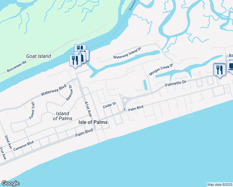 map of restaurants, bars, coffee shops, grocery stores, and more near 1 Morgan's Cove Drive in Isle of Palms