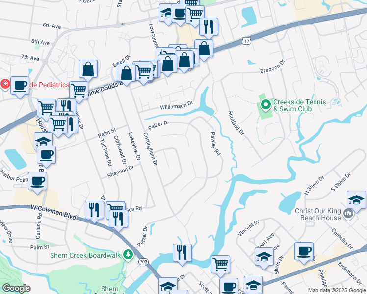 map of restaurants, bars, coffee shops, grocery stores, and more near 903 Trowman Lane in Mount Pleasant