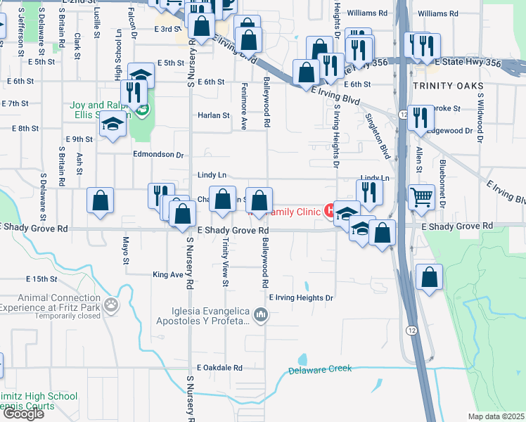 map of restaurants, bars, coffee shops, grocery stores, and more near 1113 Balleywood Road in Irving