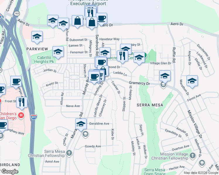 map of restaurants, bars, coffee shops, grocery stores, and more near 3281 Cabrillo Mesa Drive in San Diego
