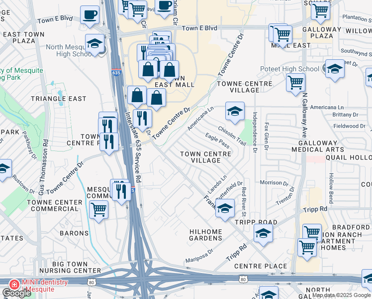 map of restaurants, bars, coffee shops, grocery stores, and more near 2811 Rio Grande Pass in Mesquite