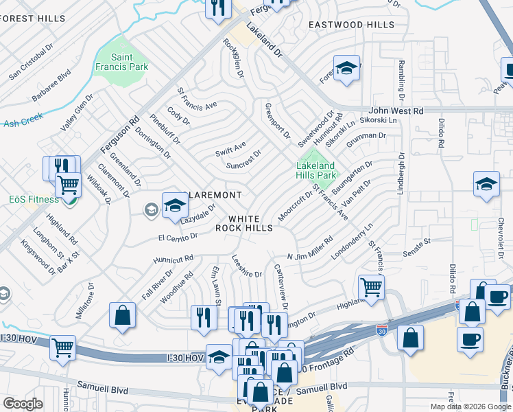 map of restaurants, bars, coffee shops, grocery stores, and more near 8334 Hunnicut Road in Dallas