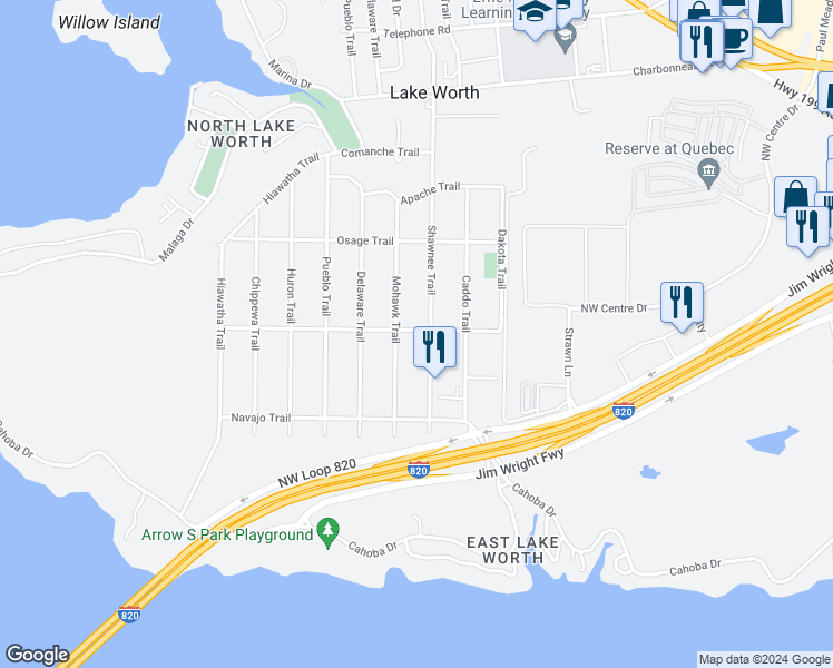 map of restaurants, bars, coffee shops, grocery stores, and more near 7205 Pawnee Trail in Fort Worth