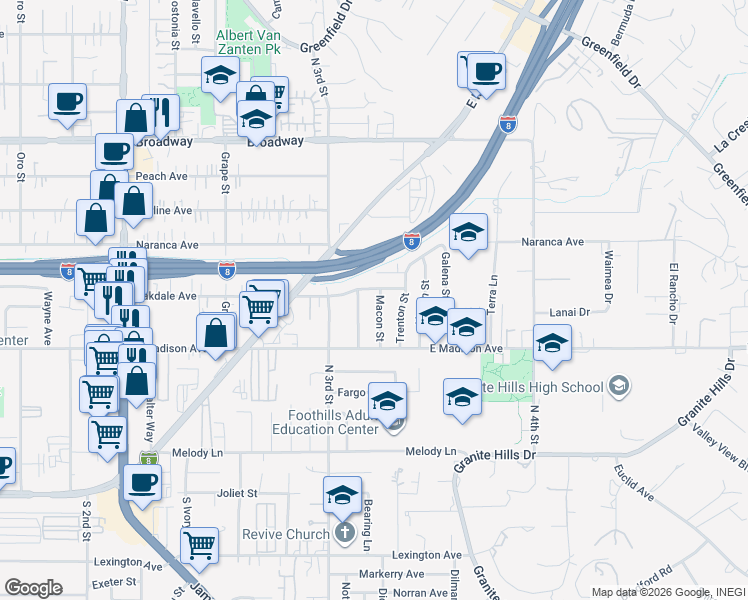 map of restaurants, bars, coffee shops, grocery stores, and more near 582 Macon Street in El Cajon