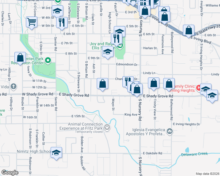 map of restaurants, bars, coffee shops, grocery stores, and more near 1101 Missy Lane in Irving