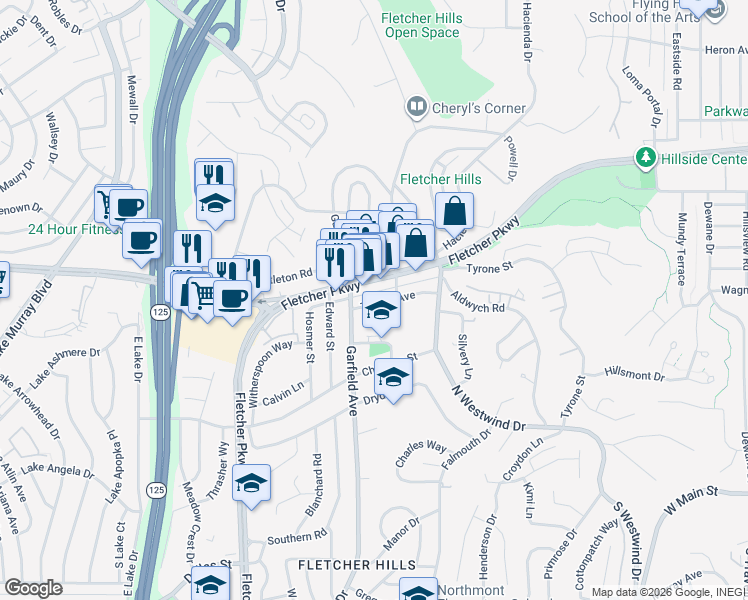 map of restaurants, bars, coffee shops, grocery stores, and more near 2384 Tampa Avenue in El Cajon