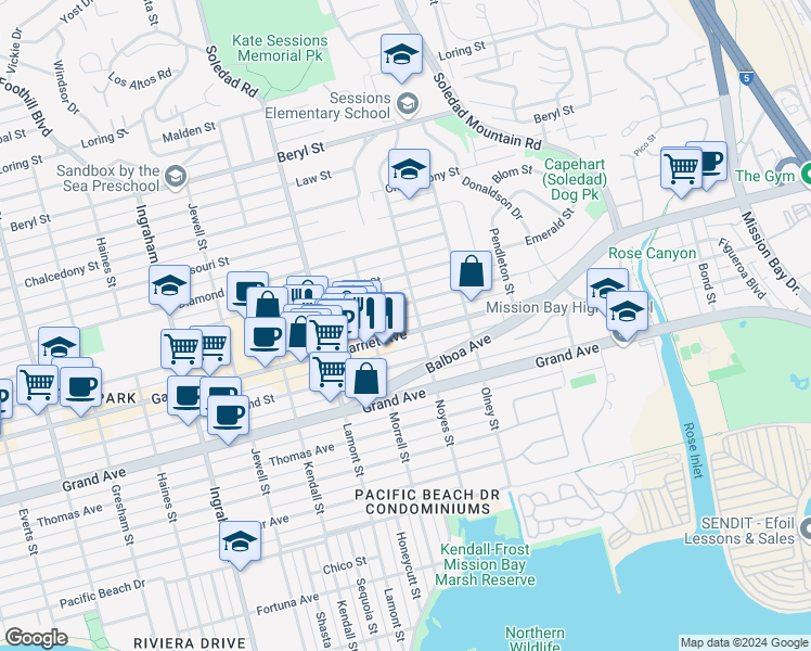 map of restaurants, bars, coffee shops, grocery stores, and more near 2050 Garnet Avenue in San Diego