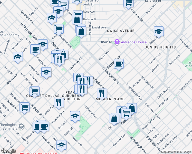 map of restaurants, bars, coffee shops, grocery stores, and more near 5005 Gaston Avenue in Dallas