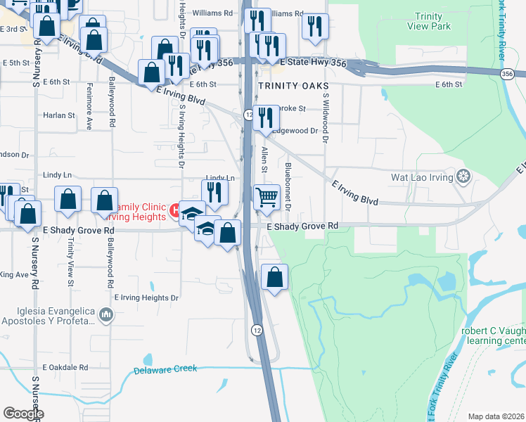 map of restaurants, bars, coffee shops, grocery stores, and more near 1120 South Loop 12 in Dallas