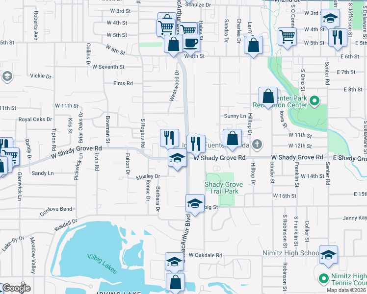 map of restaurants, bars, coffee shops, grocery stores, and more near 1215 South Macarthur Boulevard in Irving