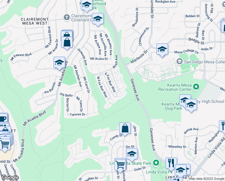 map of restaurants, bars, coffee shops, grocery stores, and more near 3186 East Fox Run Way in San Diego