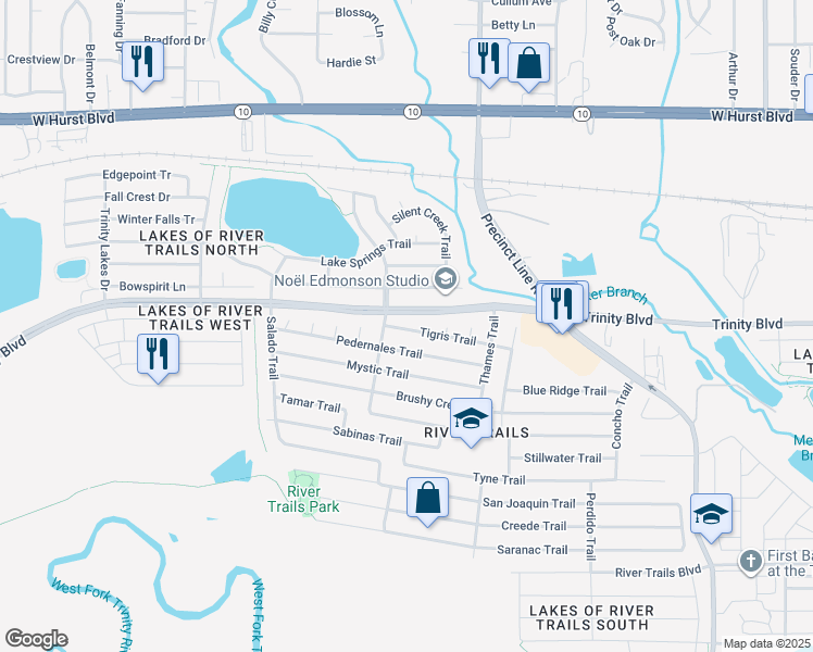 map of restaurants, bars, coffee shops, grocery stores, and more near 87 Tigris Trail in Fort Worth