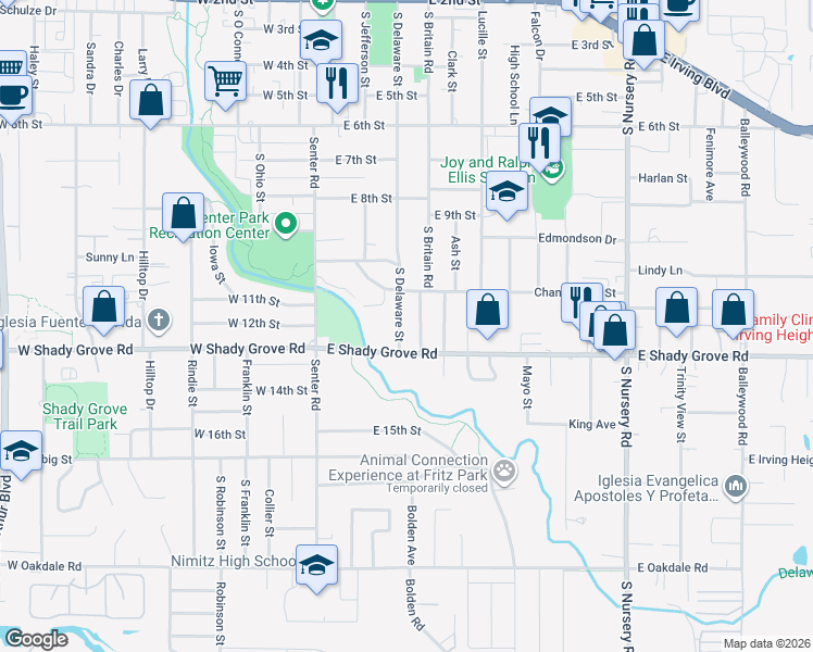 map of restaurants, bars, coffee shops, grocery stores, and more near 1204 South Delaware Street in Irving