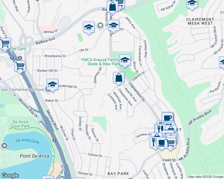 map of restaurants, bars, coffee shops, grocery stores, and more near 4336 Dakota Drive in San Diego