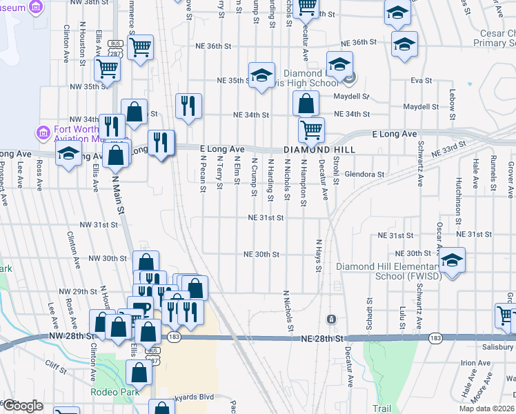 map of restaurants, bars, coffee shops, grocery stores, and more near 3206 North Crump Street in Fort Worth