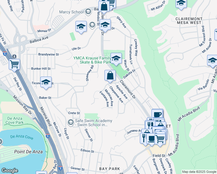 map of restaurants, bars, coffee shops, grocery stores, and more near 3376 Cheyenne Avenue in San Diego