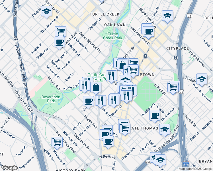 map of restaurants, bars, coffee shops, grocery stores, and more near 2821 Carlisle Street in Dallas
