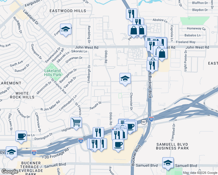 map of restaurants, bars, coffee shops, grocery stores, and more near 3669 Dilido Road in Dallas