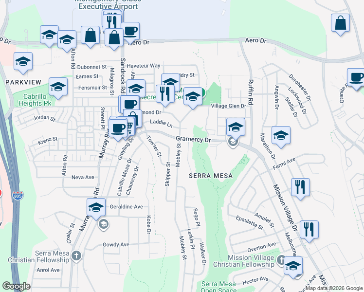 map of restaurants, bars, coffee shops, grocery stores, and more near 3257 Mobley Street in San Diego