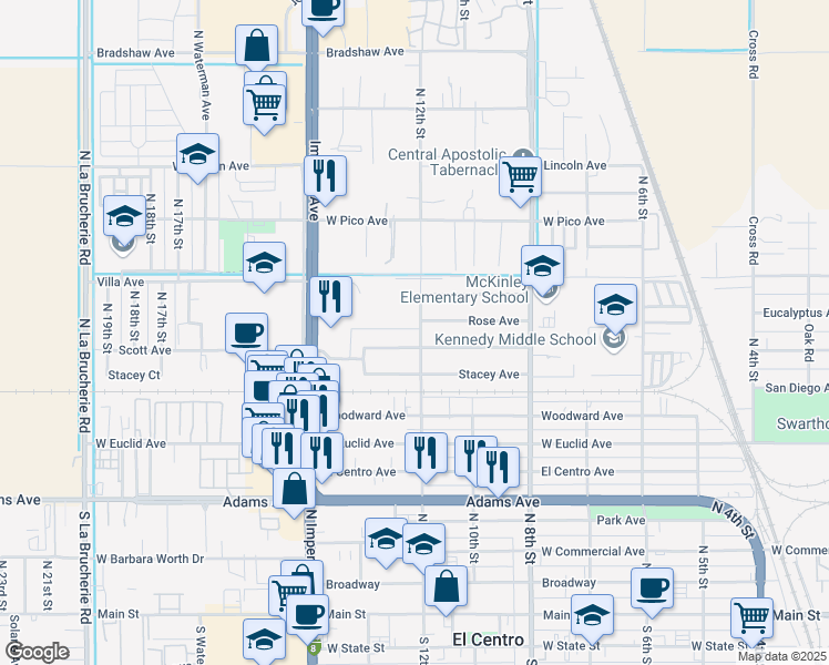 map of restaurants, bars, coffee shops, grocery stores, and more near 1020 North 12th Street in El Centro