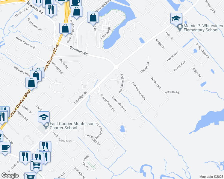 map of restaurants, bars, coffee shops, grocery stores, and more near 1305 Mossy Road in Mount Pleasant