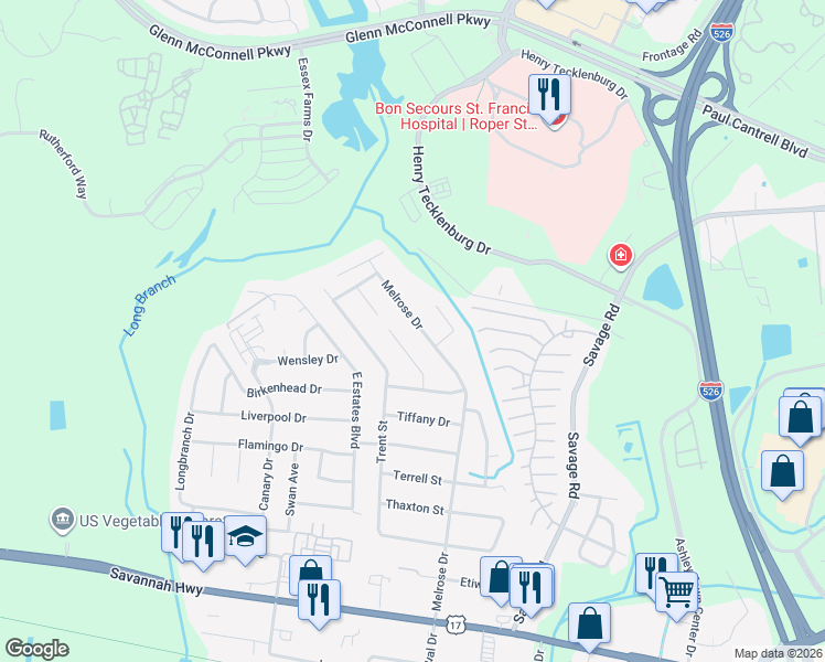 map of restaurants, bars, coffee shops, grocery stores, and more near 903 Melrose Dr in Charleston