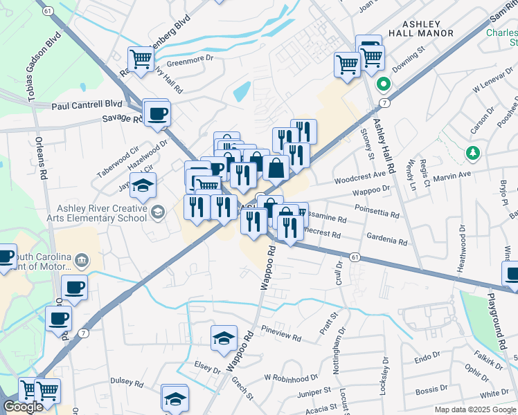 map of restaurants, bars, coffee shops, grocery stores, and more near 1764 Jessamine Road in Charleston
