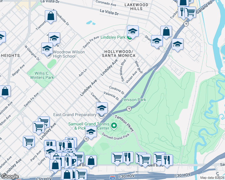 map of restaurants, bars, coffee shops, grocery stores, and more near 1007 Cordova Street in Dallas