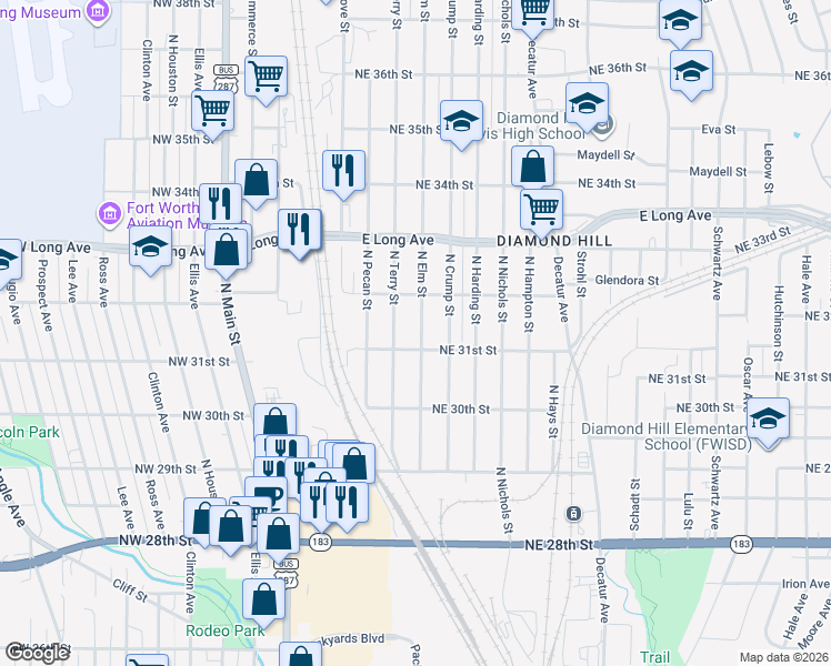 map of restaurants, bars, coffee shops, grocery stores, and more near 3207 North Elm Street in Fort Worth