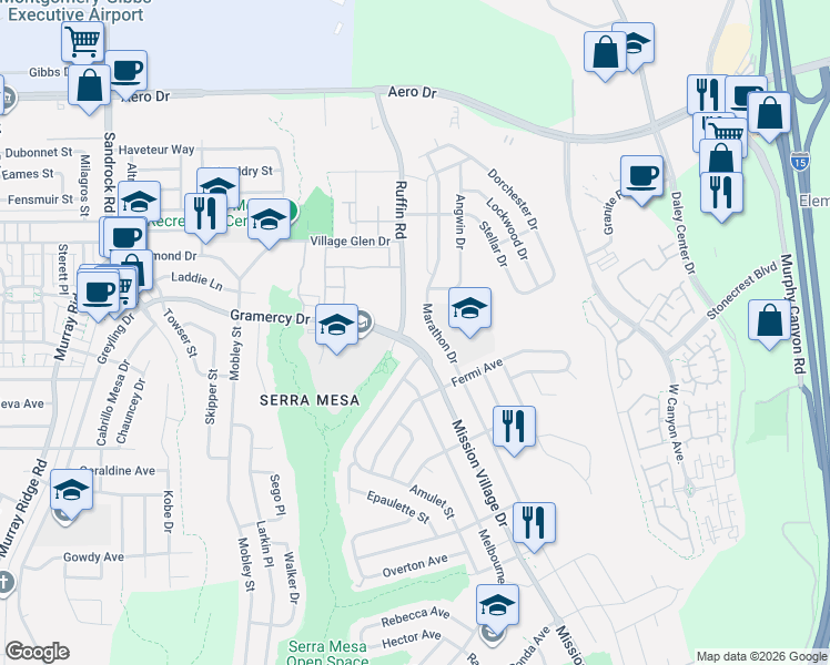 map of restaurants, bars, coffee shops, grocery stores, and more near 3300 Ruffin Road in San Diego