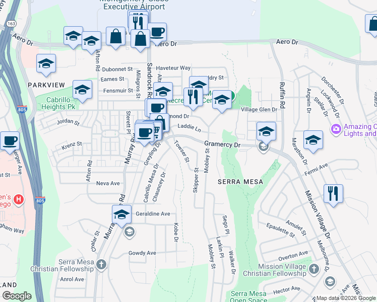 map of restaurants, bars, coffee shops, grocery stores, and more near 8847 Lassie Lane in San Diego