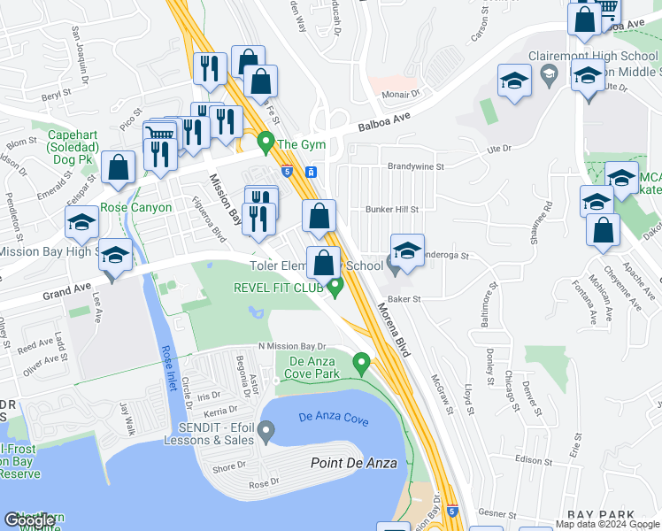 map of restaurants, bars, coffee shops, grocery stores, and more near 3455 Del Rey Street in San Diego