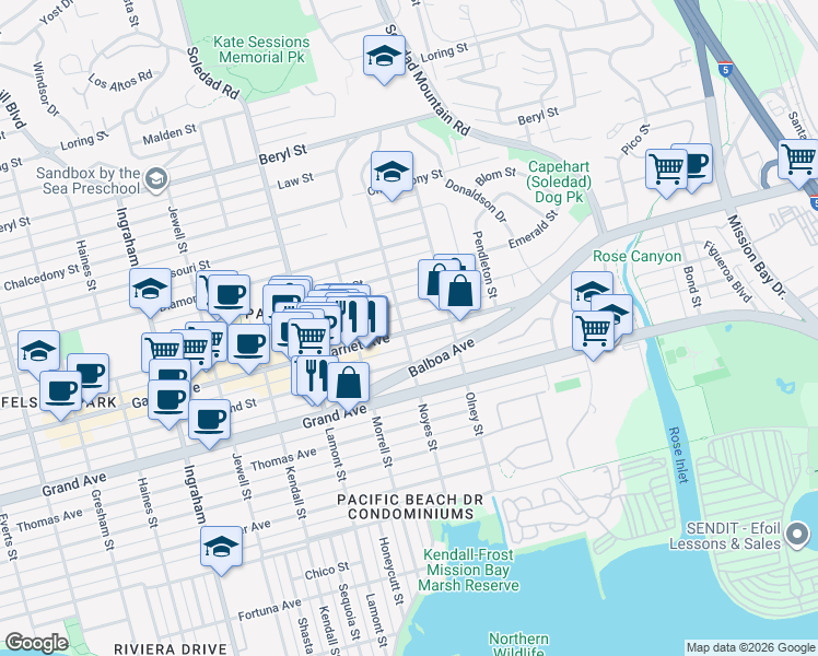 map of restaurants, bars, coffee shops, grocery stores, and more near 2138 Garnet Avenue in San Diego