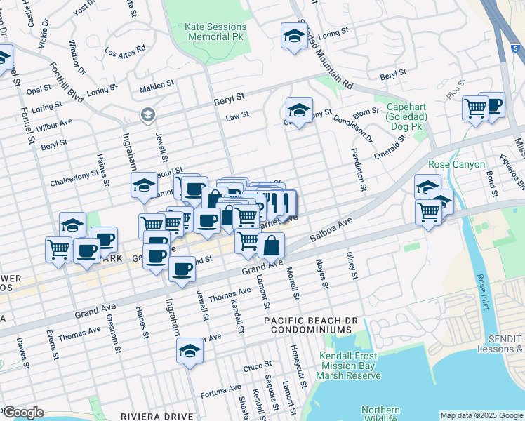 map of restaurants, bars, coffee shops, grocery stores, and more near 4526 Morrell Street in San Diego
