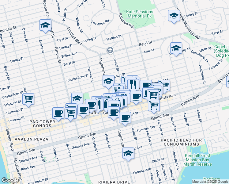 map of restaurants, bars, coffee shops, grocery stores, and more near in San Diego