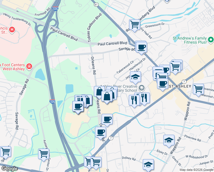 map of restaurants, bars, coffee shops, grocery stores, and more near 1900 Hazelwood Drive in Charleston